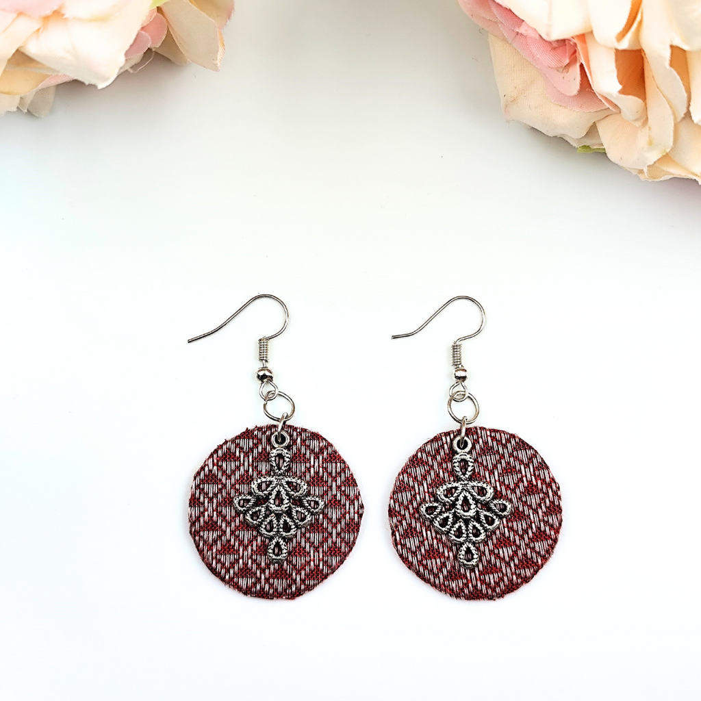 Fabric Earrings - Reddish Brown and Silver Khaan fabric