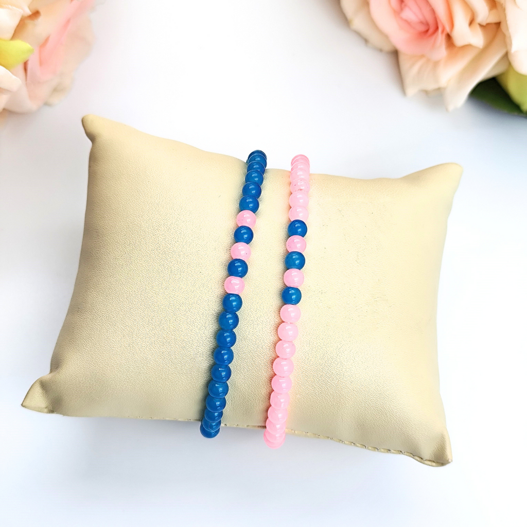 Bracelet - Opaque Small Bead Bracelet Set - Pink And Blue