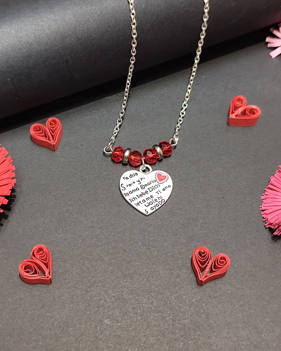 Message Necklace - "Ti Amo" - Silver Chain Necklace with Red Crystals and Silver Heart Shape Pendant