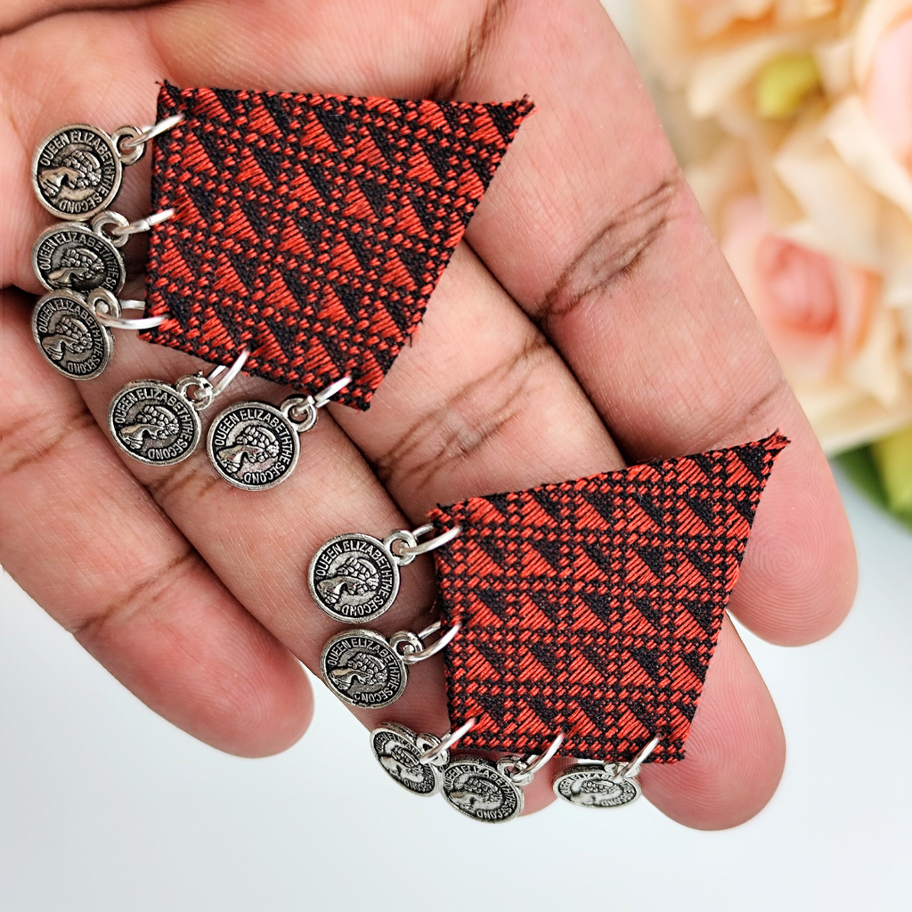 Fabric Earrings - Red & Black Khaan Fabric Earring with Silver Coins