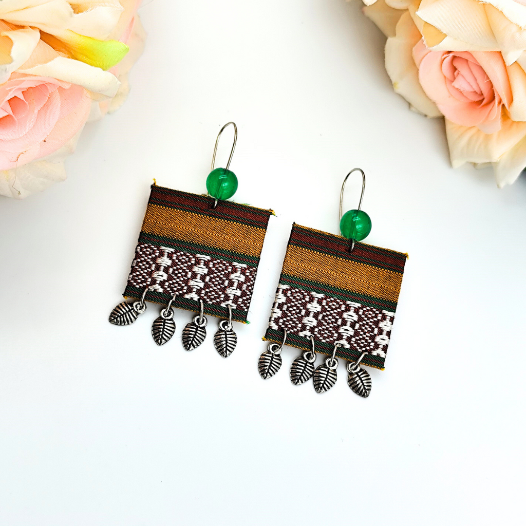 Fabric Earring - Green, Golden & Silver Khaan Fabric with Silver Charms