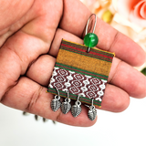 Fabric Earring - Green, Golden & Silver Khaan Fabric with Silver Charms