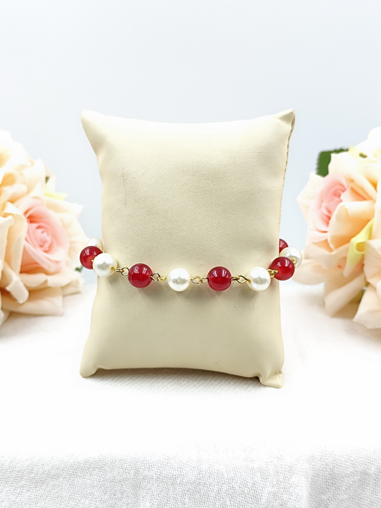 Bracelet - Red Glass Beads & Glass Pearl Bracelet