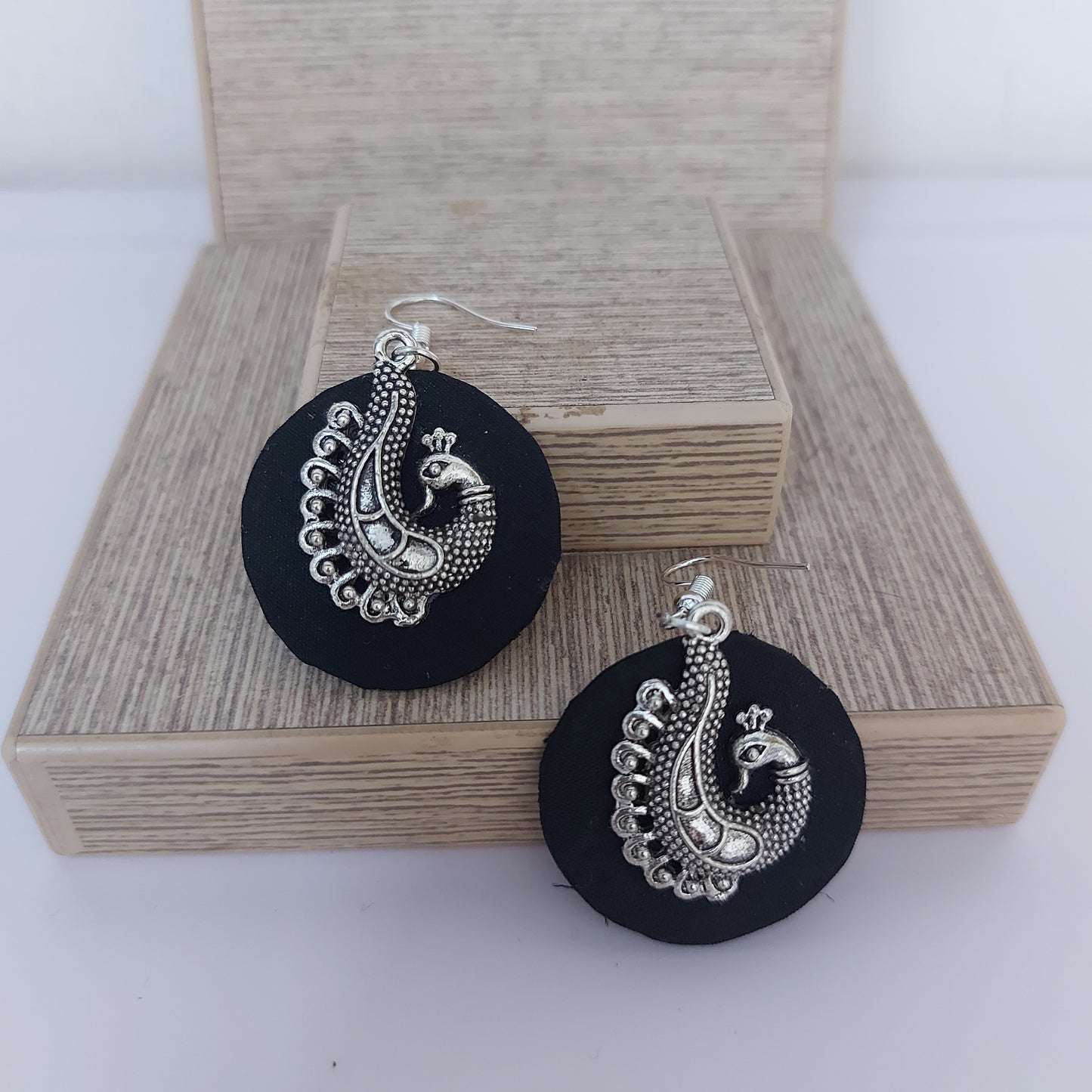 Fabric Earrings - Black fabric with Peacock Charm