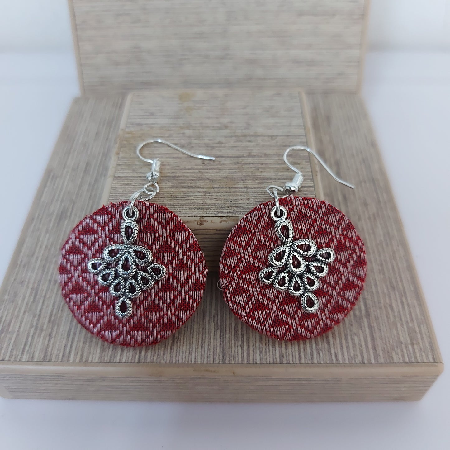 Fabric Earrings - Reddish Brown and Silver Khaan fabric