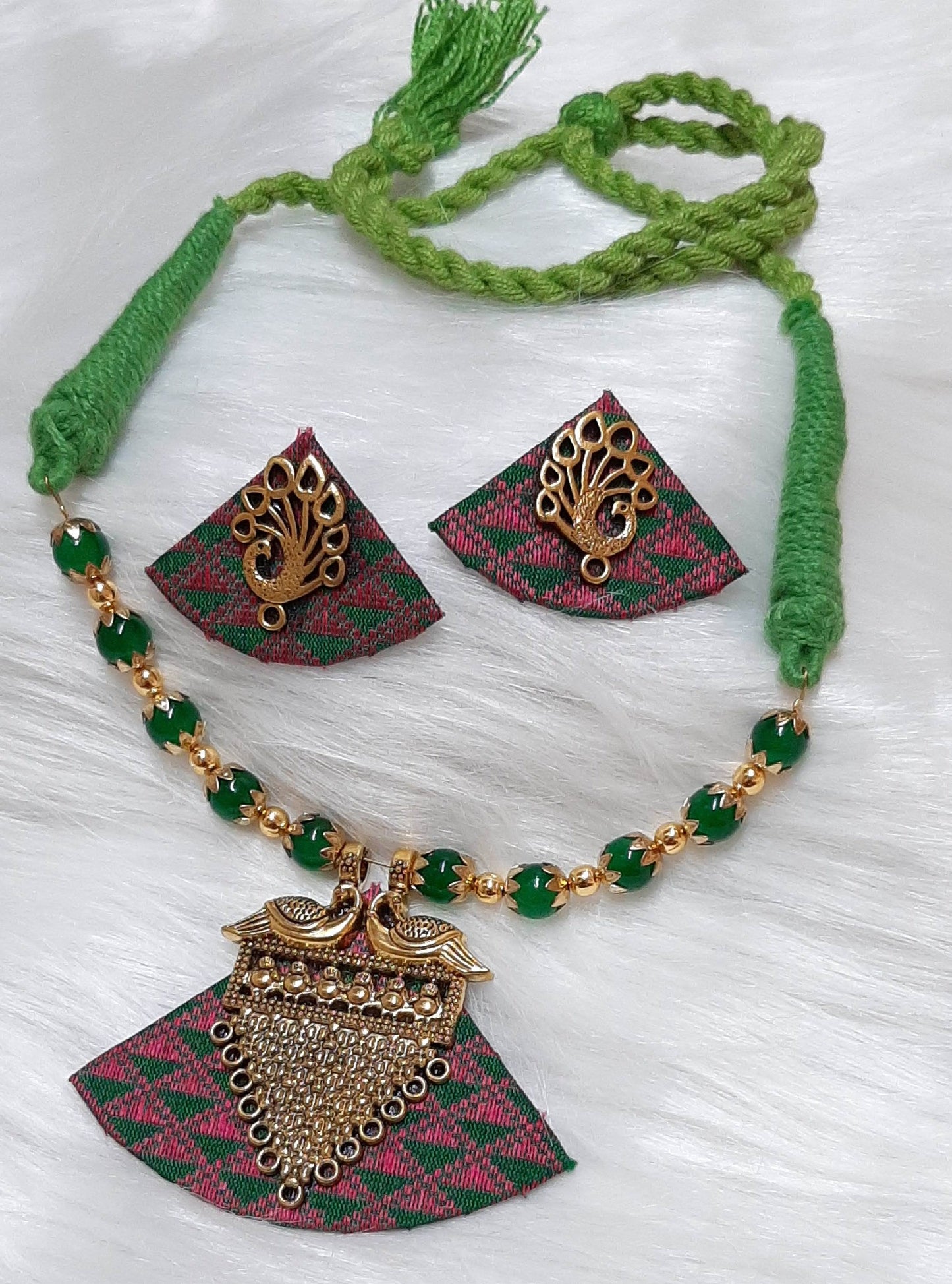 Khaan Fabric Pink & Green Set with Golden Charm