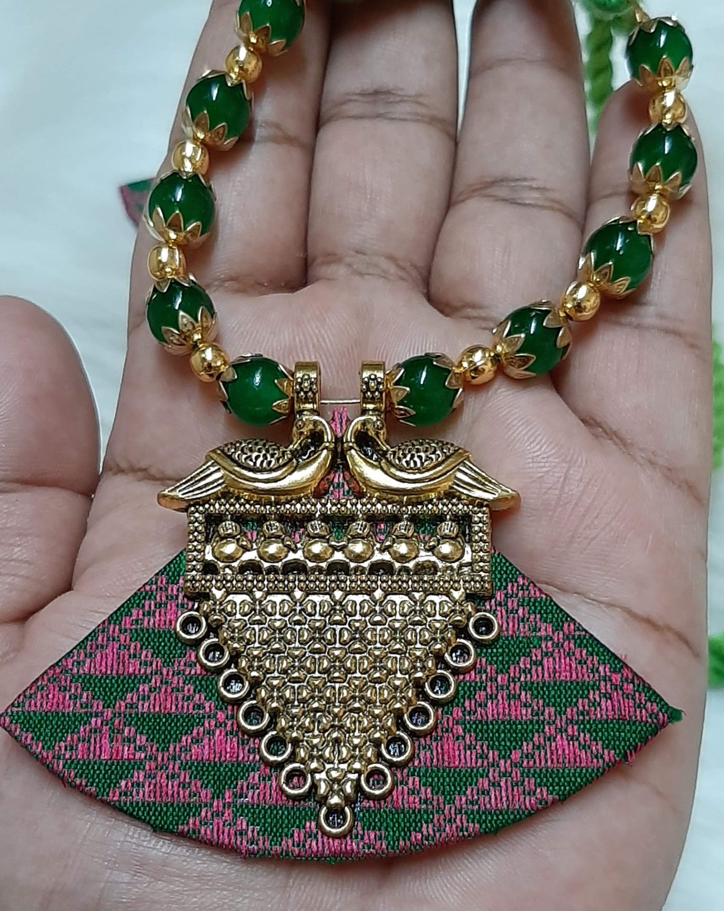 Khaan Fabric Pink & Green Set with Golden Charm