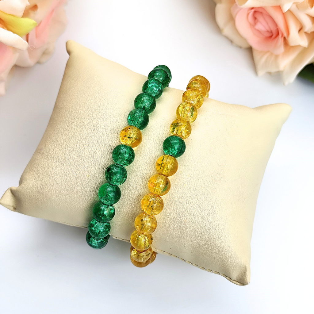 Bracelet - Crackle Bead Bracelet Set - Green and Yellow