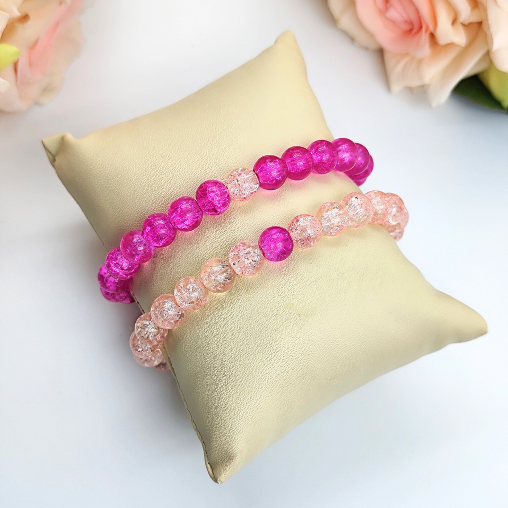 Bracelet - Crackle Bead Bracelet Set - Dark & Light Pink