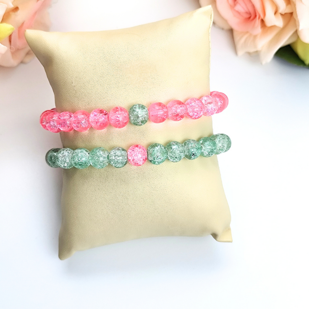 Bracelet - Crackle Bead Bracelet Set - Light Pink & Mint Green Bracelet - Crackle Bead Bracelet Set - Light Pink & Mint Green