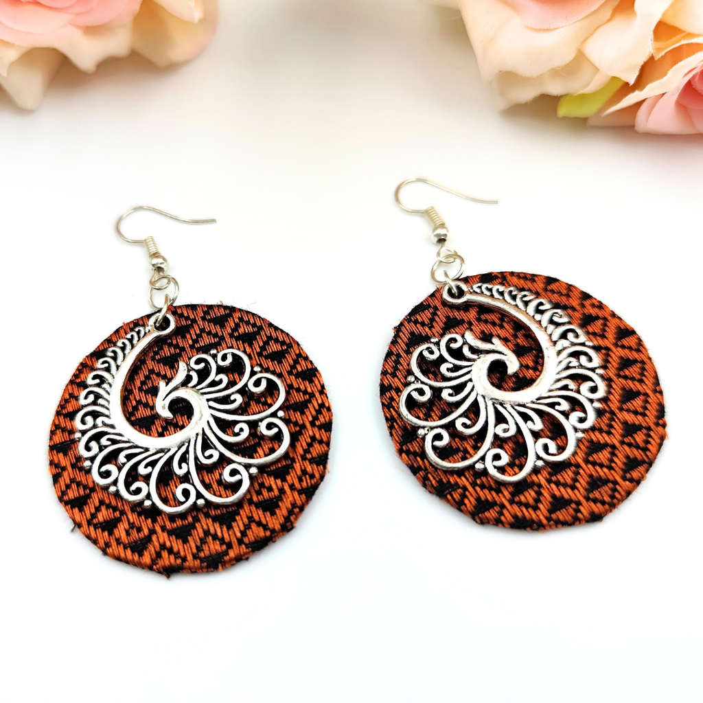 Fabric Earrings - Copper and Black Khaan fabric