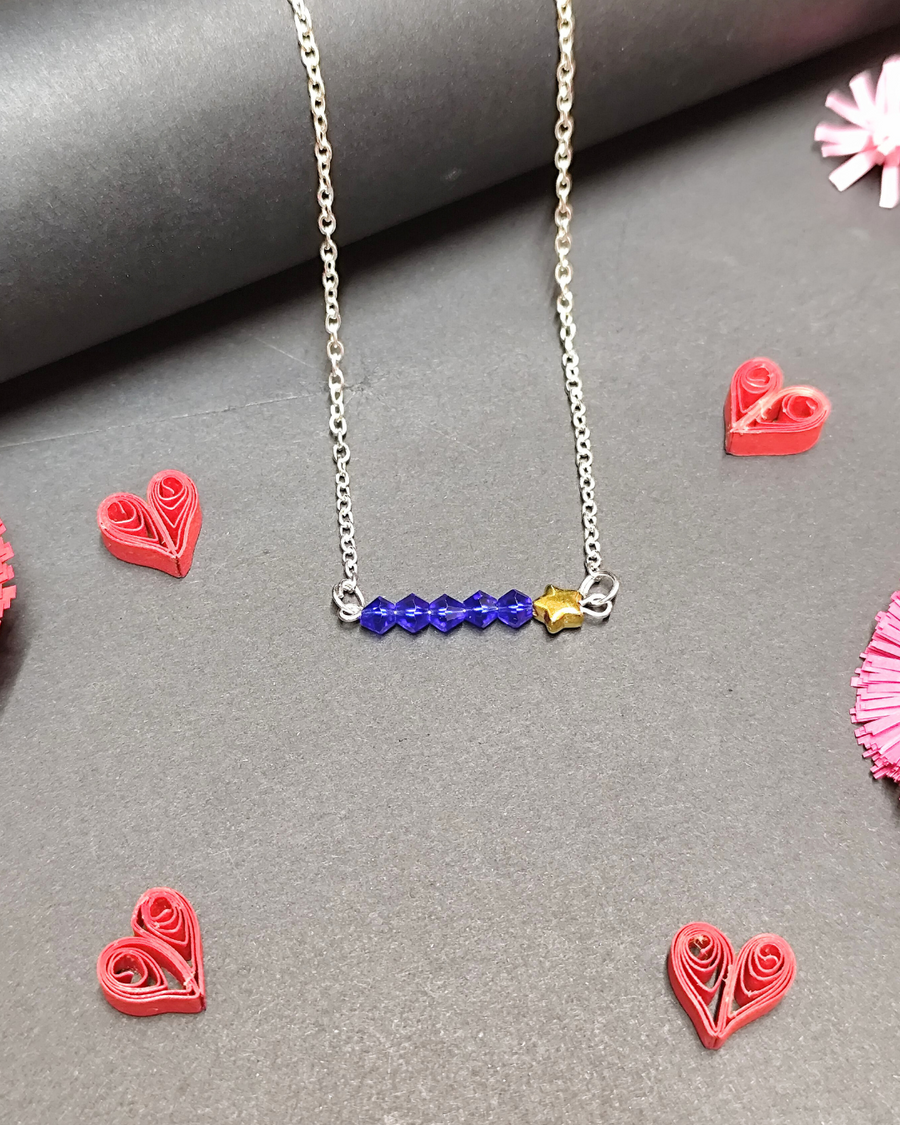 Message Necklace - "Super Star" - Silver Chain Necklace with Blue Crystals and Star Shape Bead Pendant
