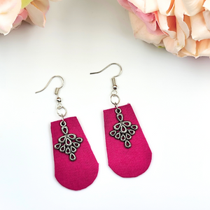 Fabric Earrings - Pink Fabric with oxidized silver hanging