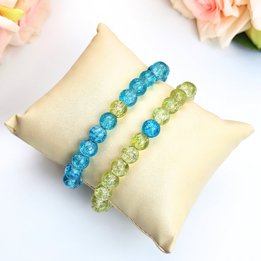 Bracelet - Crackle Bead Bracelet Set - Sky Blue and Lemon Yellow