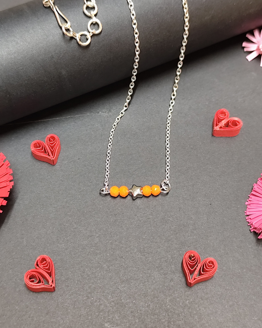 Message Necklace - "You are a Star" - Silver Chain Necklace with Orange Crystals and Silver Star Shape Bead Pendant
