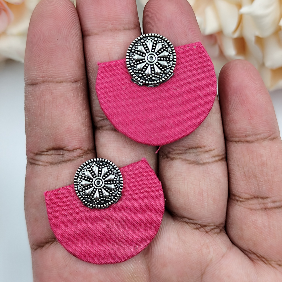 Fabric Earrings - Pink Fabric earrings with oxidized studs