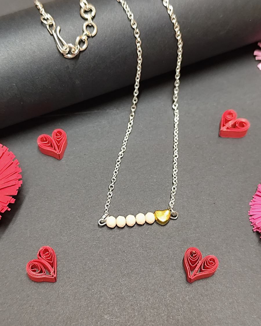 Message Necklace - "Sweet Heart" - Silver Chain Necklace with Light Beige Crystals and Golden Heart Shape Bead Pendant