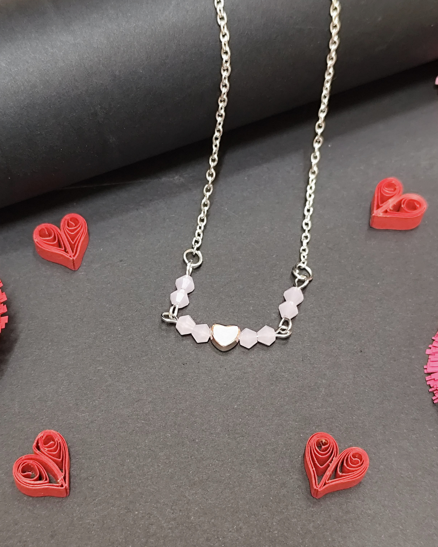 Message Necklace - "Sweet Heart 2" - Silver Chain Necklace with Light Pink Crystals and Golden Heart Shape Bead Pendant
