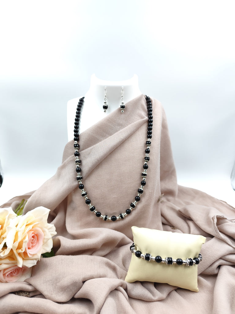 Beaded Necklace Combo - Black Beads with Silver Details Combo