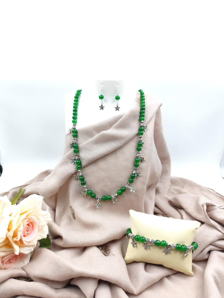Beaded Necklace Combo - Dark Green Beads with Flower charms Combo