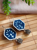 Indigo Fabric Hexagon Earrings