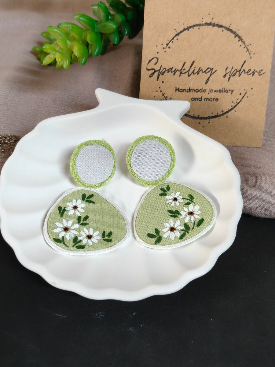 Eternal Bloom - Light Green & White Fabric Hand-painted Earrings With White Flowers