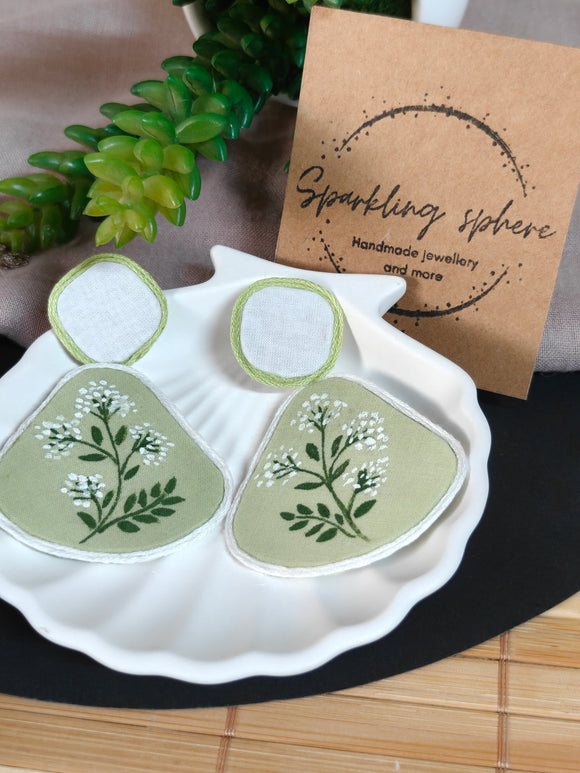 Eternal Bloom - Light Green & White Fabric Hand-painted Earrings With White Flowers Big