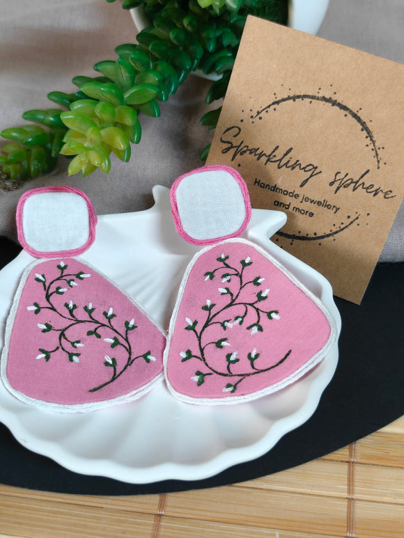 Eternal Bloom - Light Pink& White Fabric Hand-painted Earrings With White Flowers Big