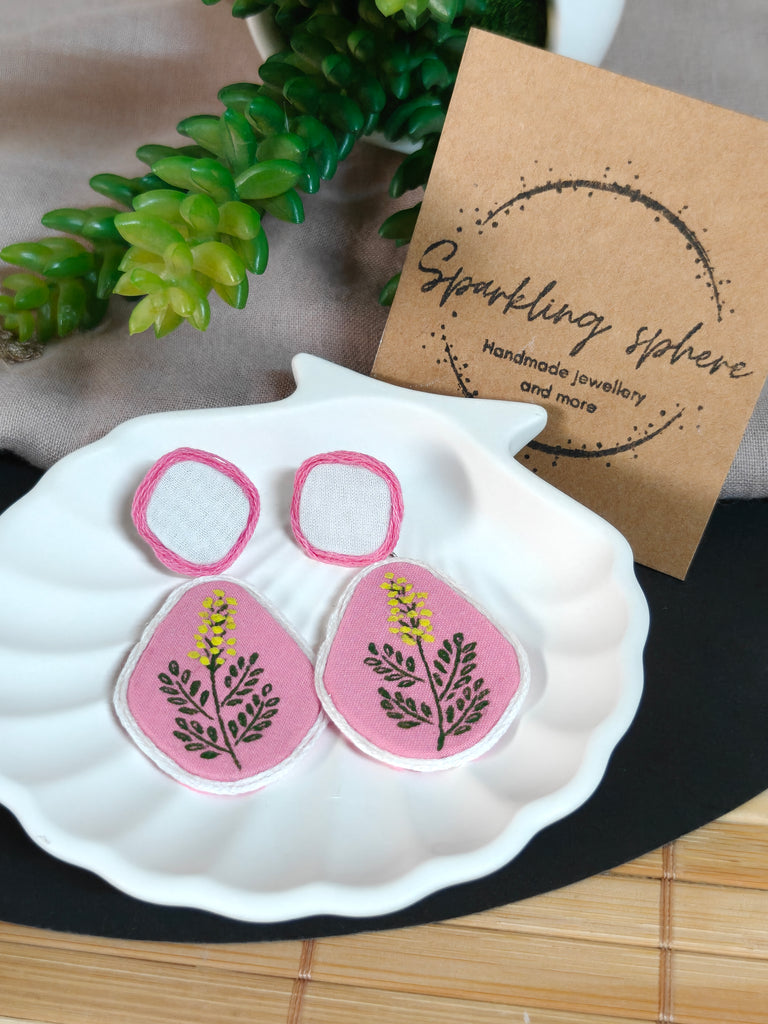 Eternal Bloom - Light Pink & White Fabric Hand-painted Earrings With Yellow Flowers