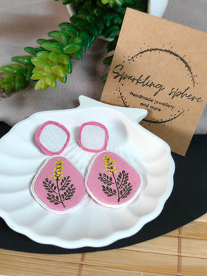 Eternal Bloom - Light Pink & White Fabric Hand-painted Earrings With Yellow Flowers