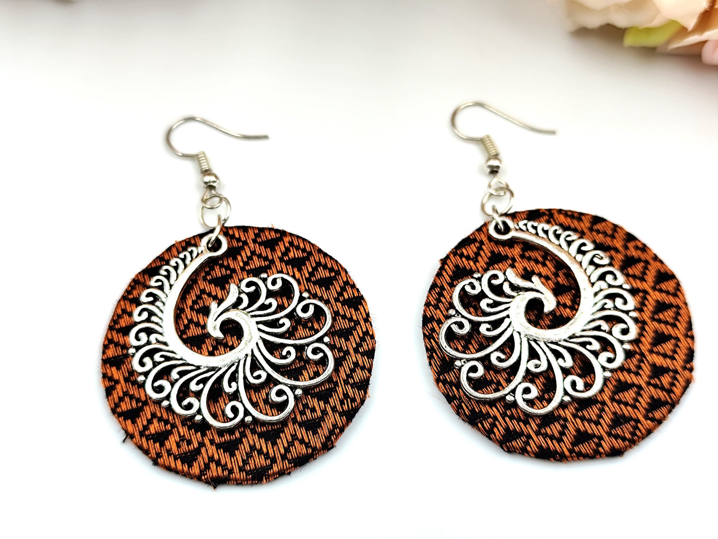 Fabric Earrings - Copper and Black Khaan fabric