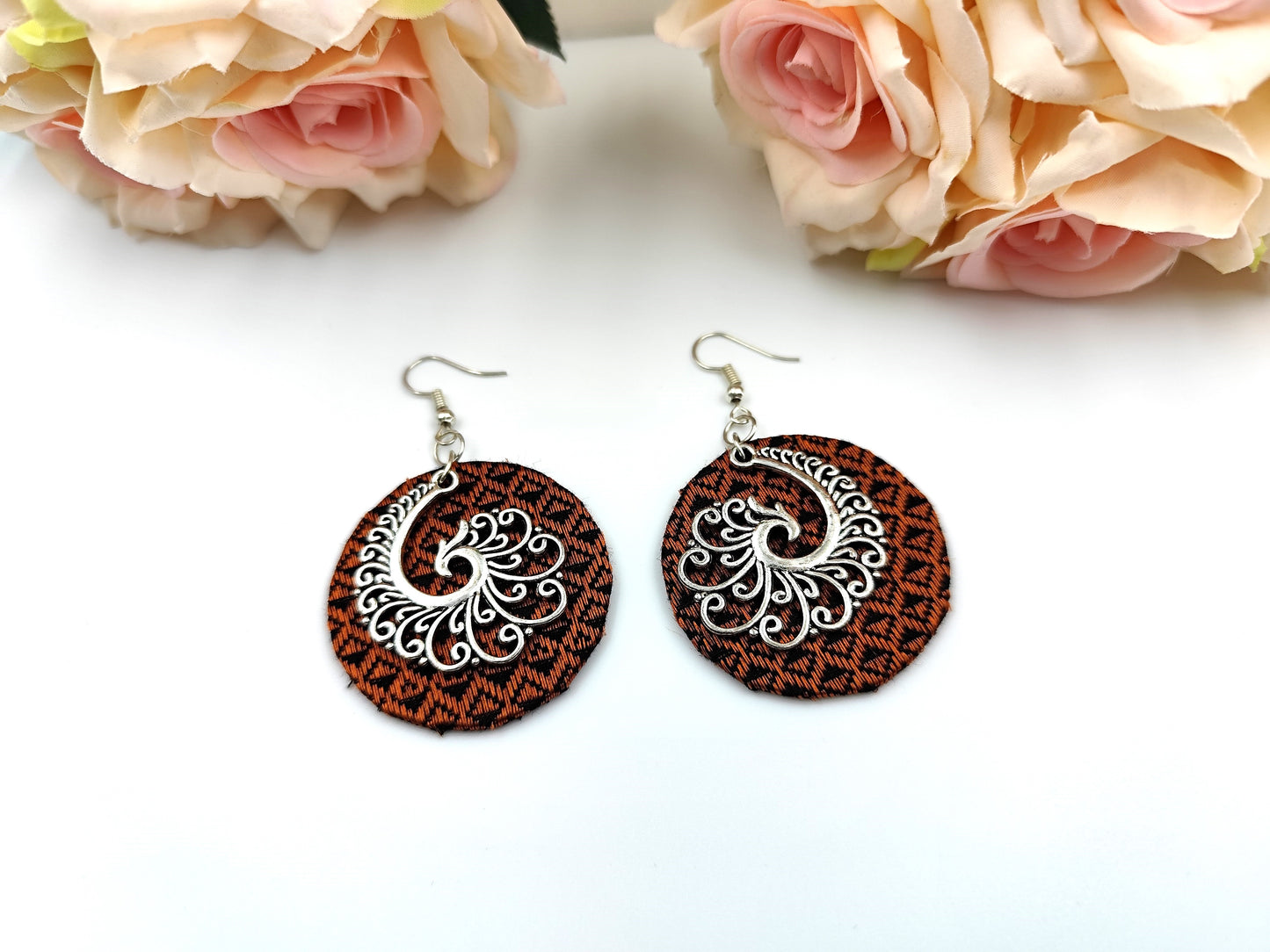 Fabric Earrings - Copper and Black Khaan fabric