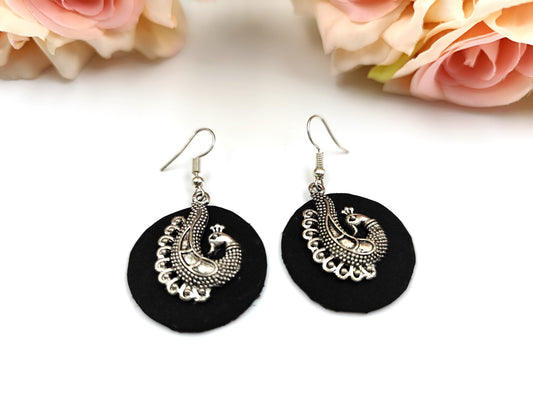 Fabric Earrings - Black fabric with Peacock Charm