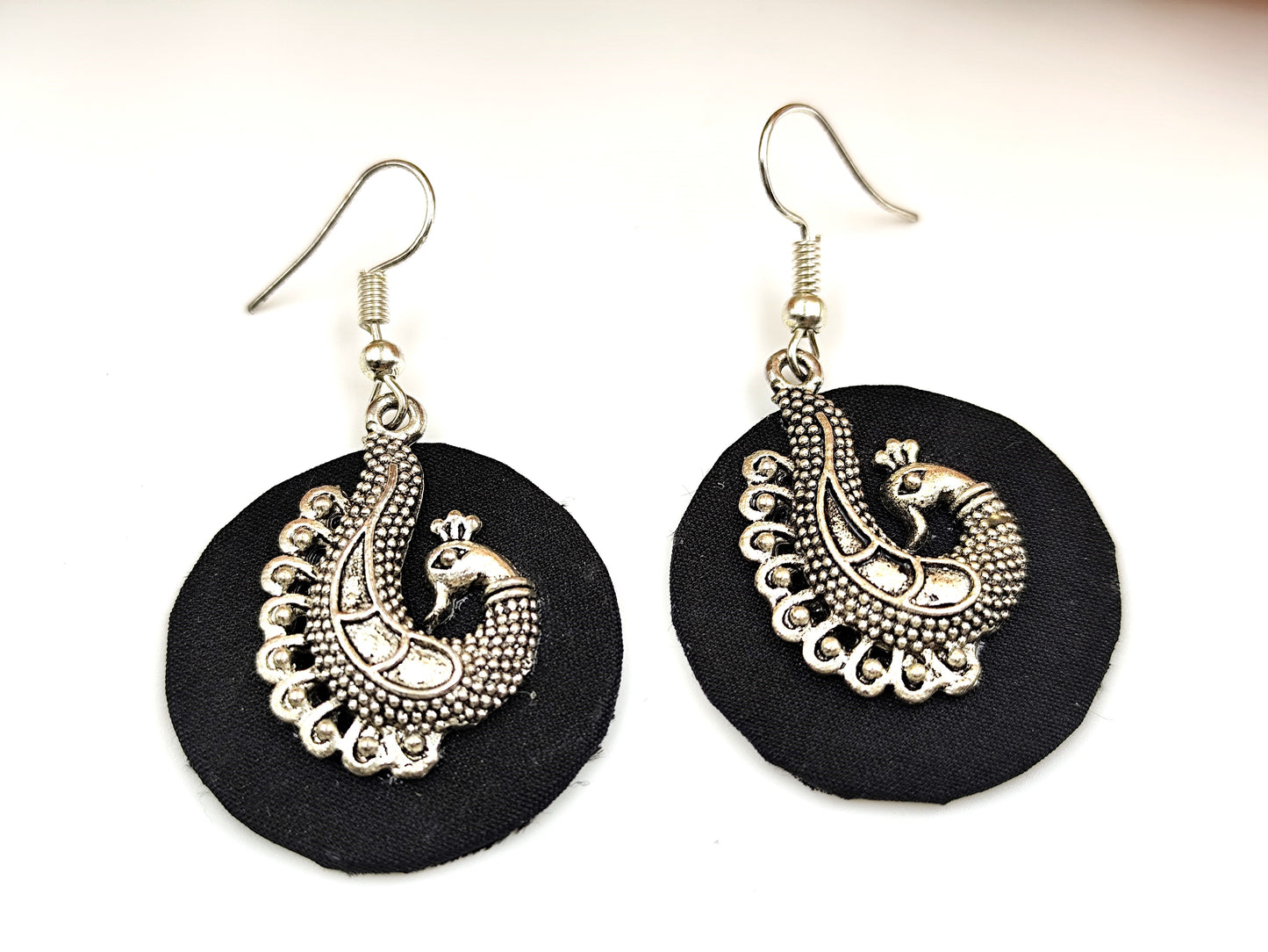 Fabric Earrings - Black fabric with Peacock Charm