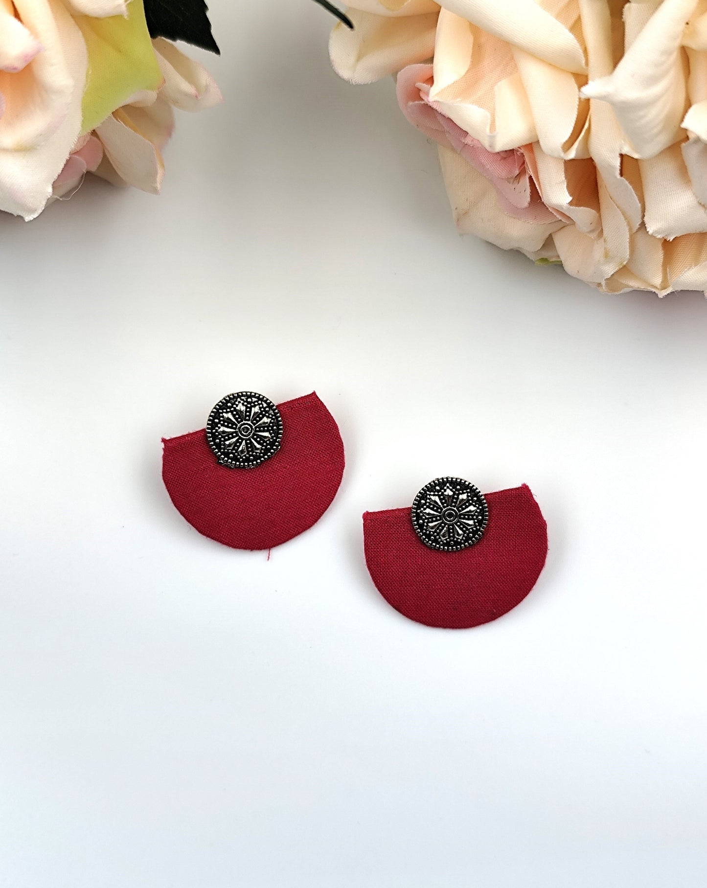 Fabric Earrings - Pink Fabric earrings with oxidized studs