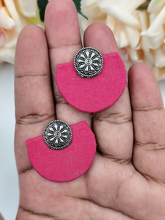 Fabric Earrings - Pink Fabric earrings with oxidized studs