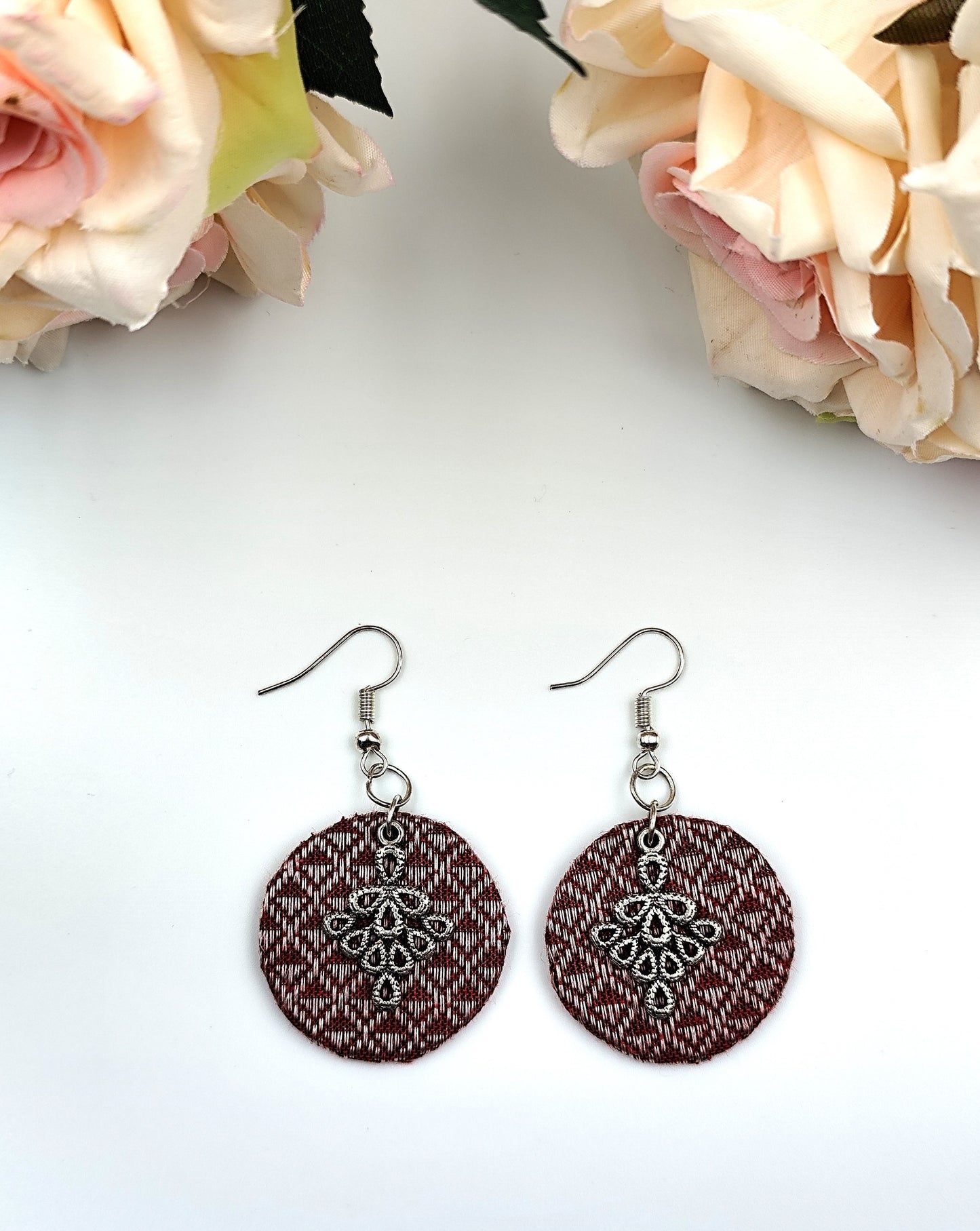 Fabric Earrings - Reddish Brown and Silver Khaan fabric