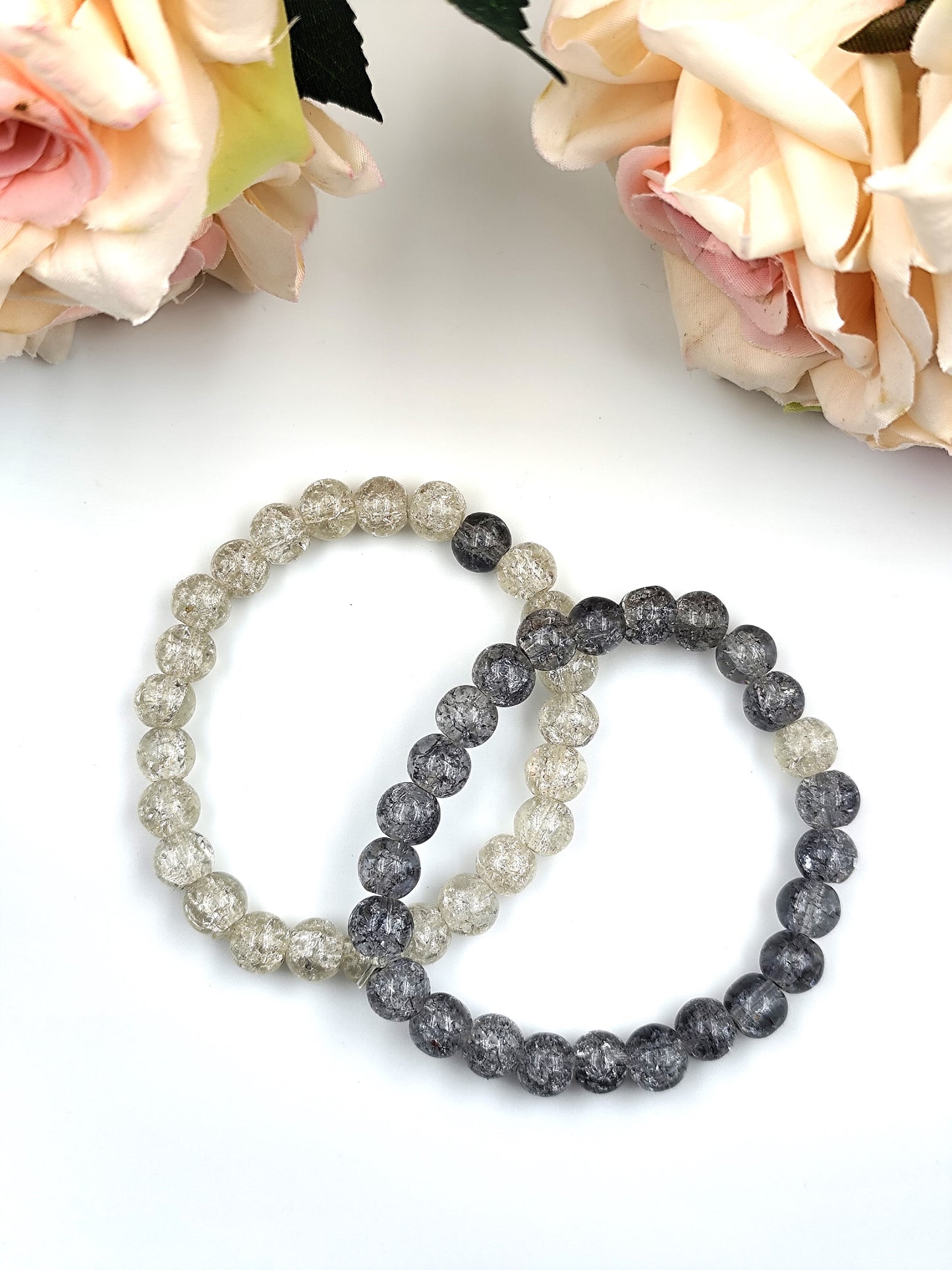 Bracelet - Crackle Bead Bracelet Set - Black/Grey & White