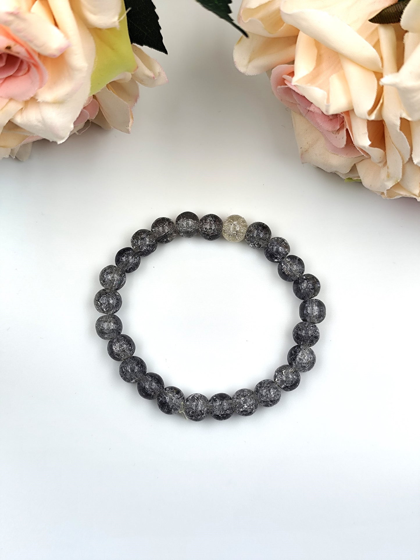 Bracelet - Crackle Bead Bracelet Set - Black/Grey & White