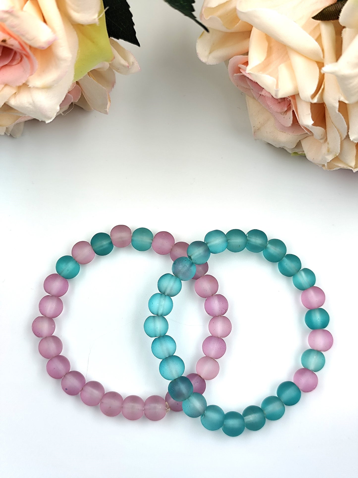 Bracelet - Matt glass bead bracelet set - Pink and Blue