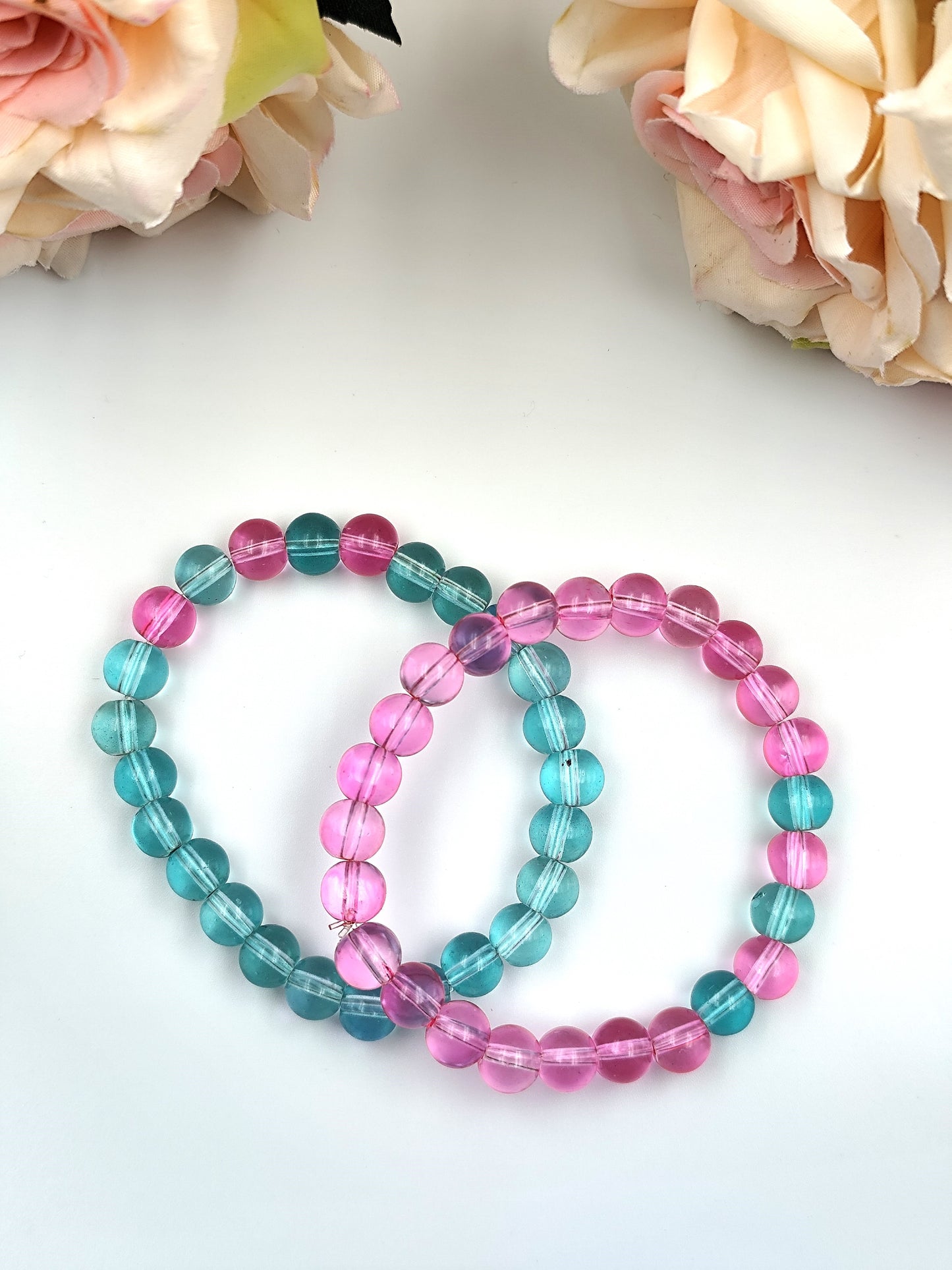 Bracelet - Transparent glass bead bracelet set - Pink & Blue