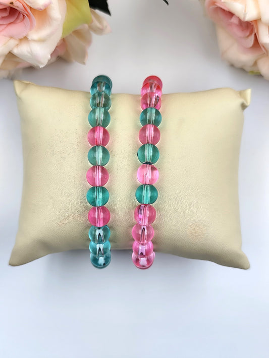 Bracelet - Transparent glass bead bracelet set - Pink & Blue