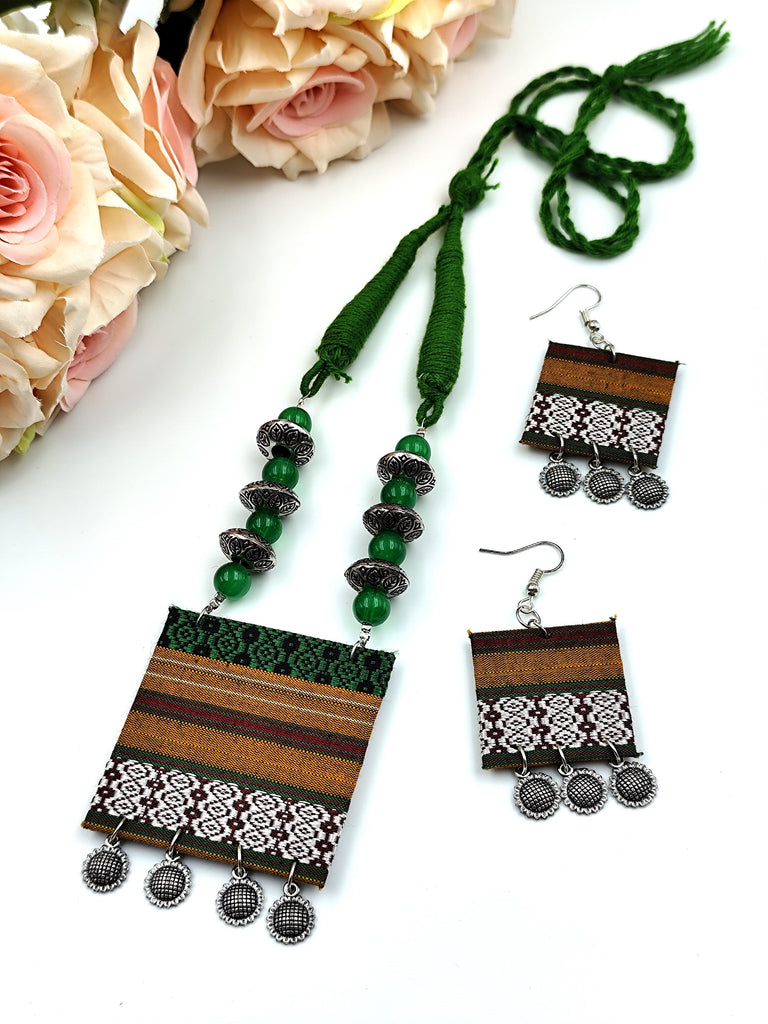 Khaan Fabric Green, Golden, Silver Set with Oxidized Silver Charm