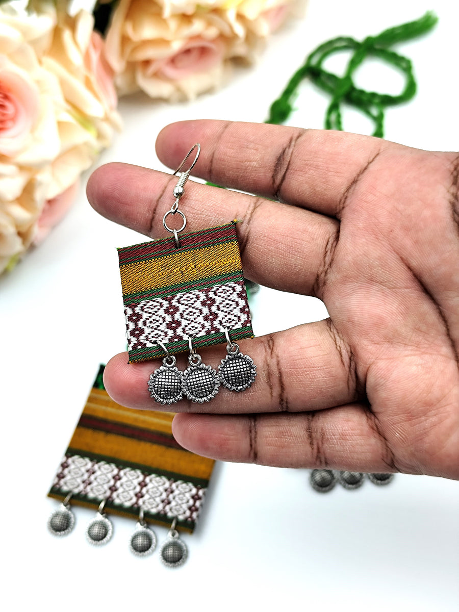 Khaan Fabric Green, Golden, Silver Set with Oxidized Silver Charm