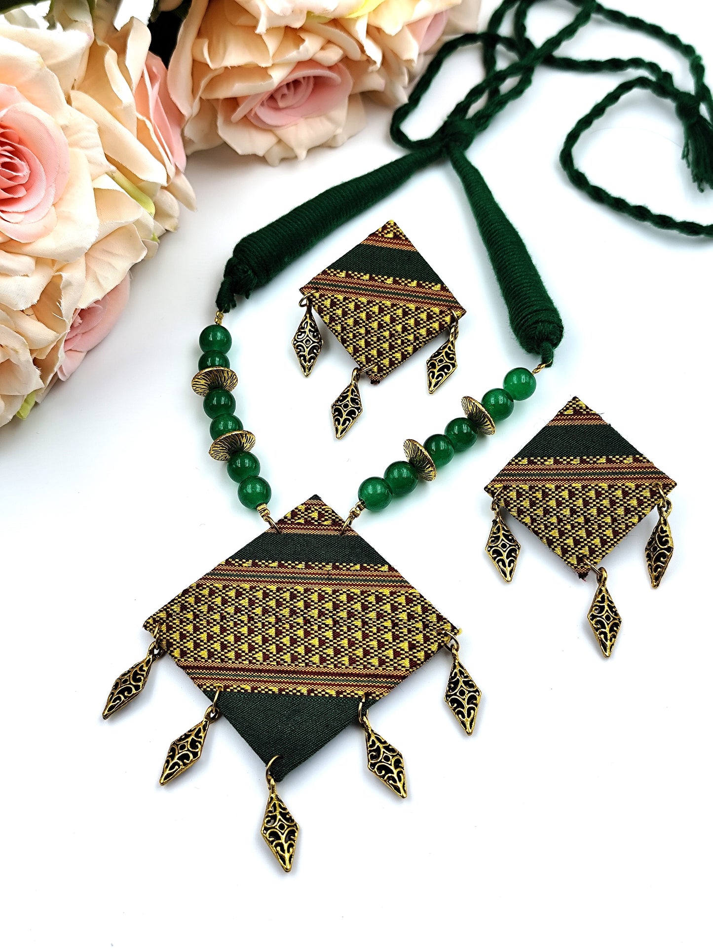 Khaan Fabric Green & Golden Set with golden charms