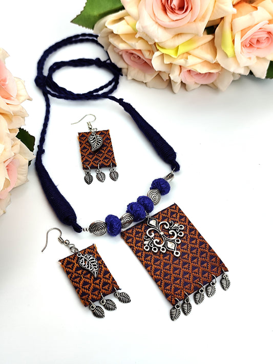 Khaan Fabric Copper & Blue Set with Oxidised Silver Charm