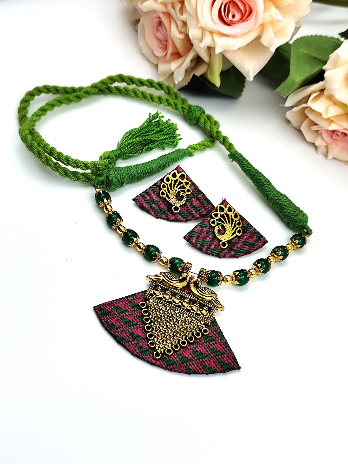 Khaan Fabric Pink & Green Set with Golden Charm