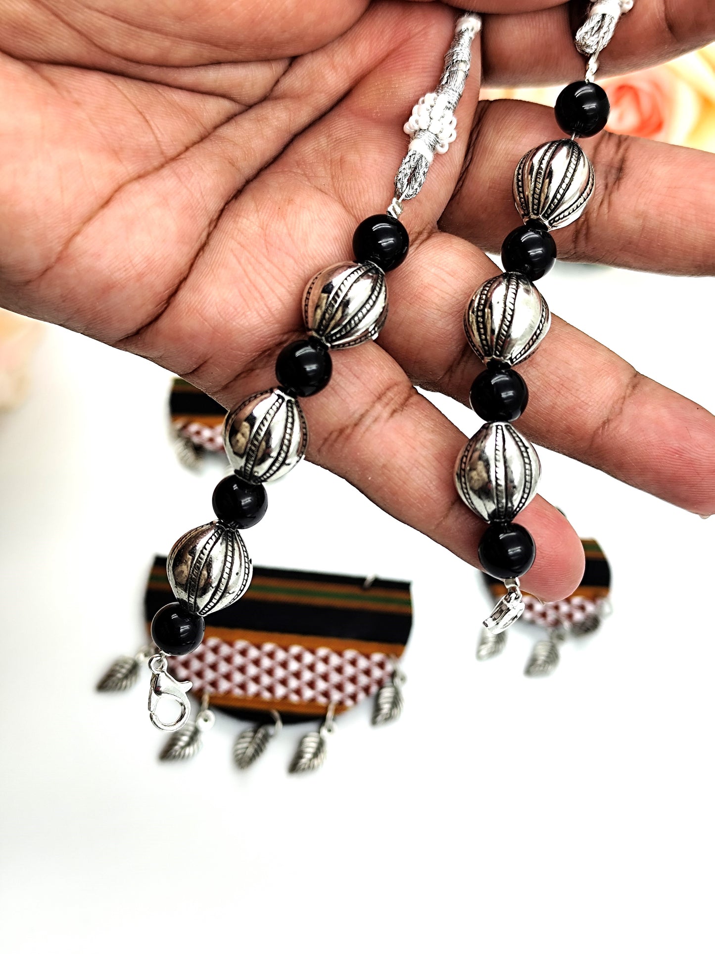 Khaan Fabric Black & Silver Set with Oxidized Silver Charms