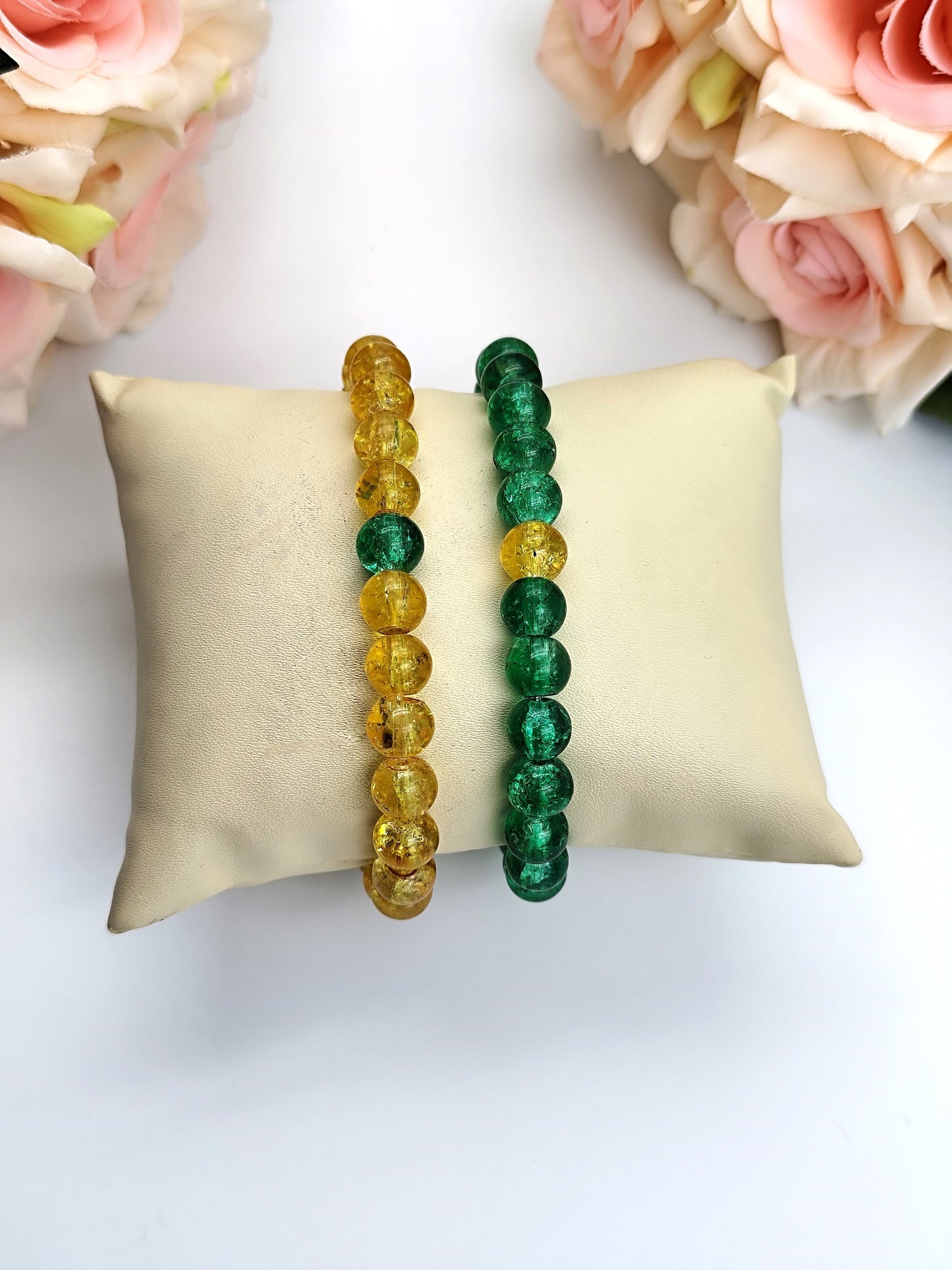 Bracelet - Crackle Bead Bracelet Set - Green and Yellow