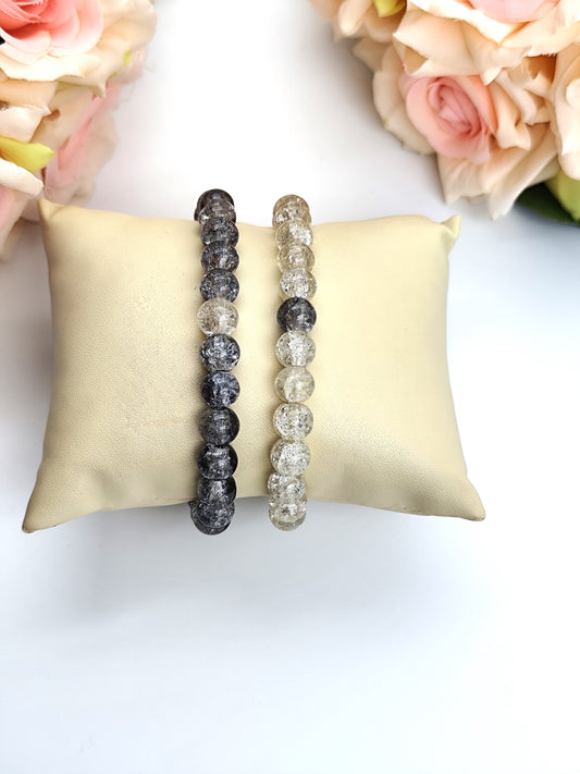 Bracelet - Crackle Bead Bracelet Set - Black/Grey & White